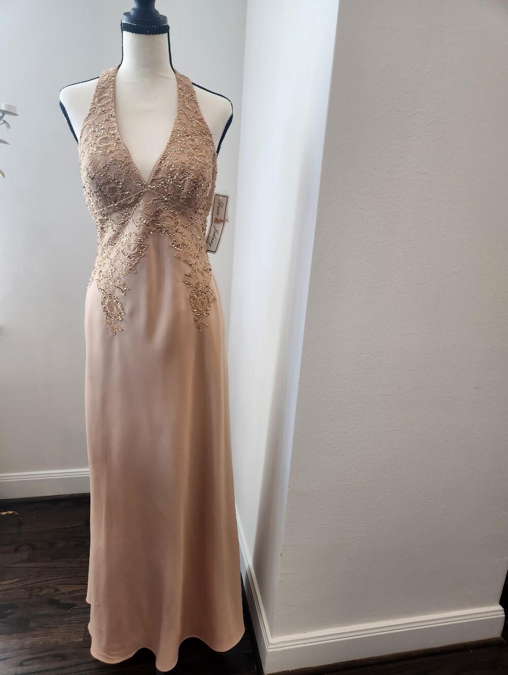 Dave & Johnny Gold Sequin Lace Appliqué Prom Dress - Champagne